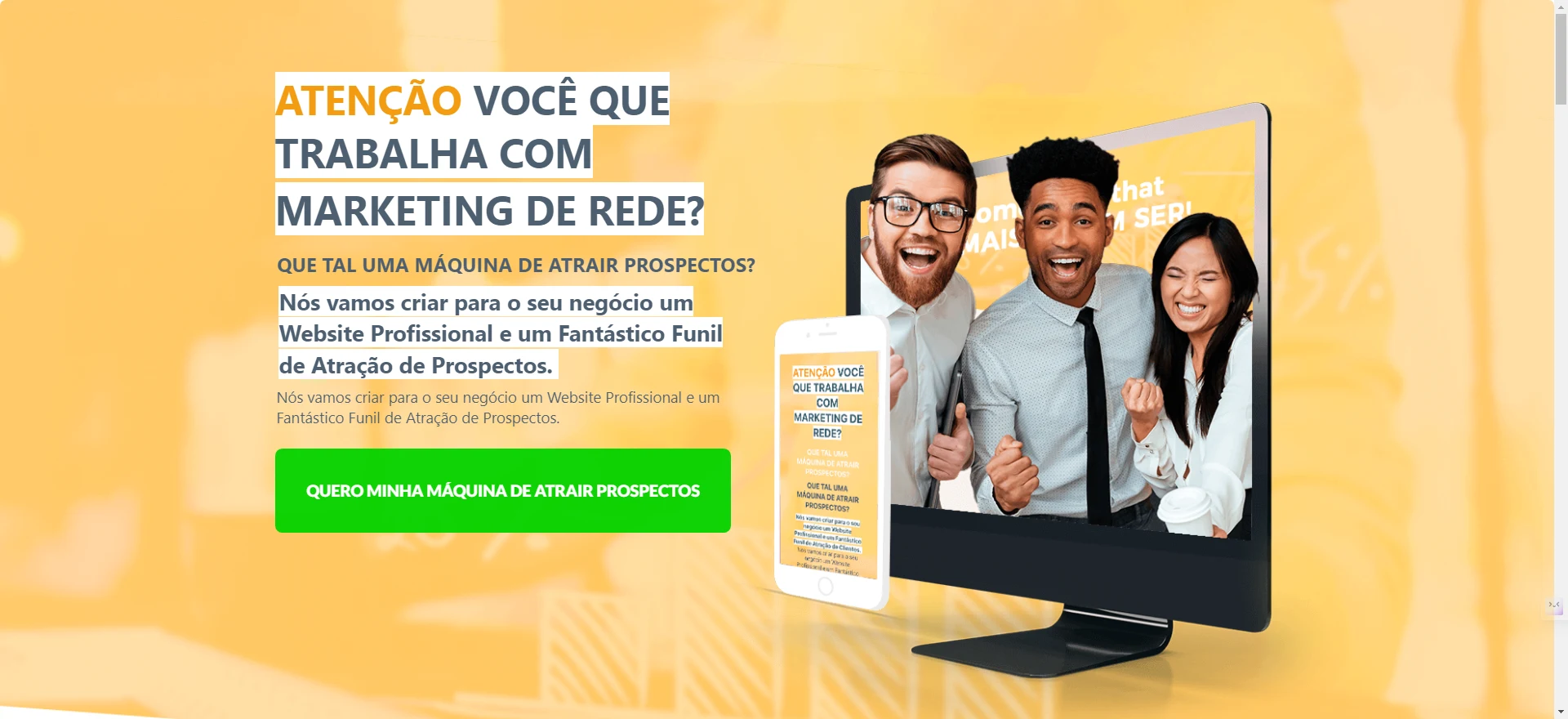 A página de recrutamento vista no monitor e no celular ao mesmo tempo, com o mesmo conteúdo adaptado a cada tela